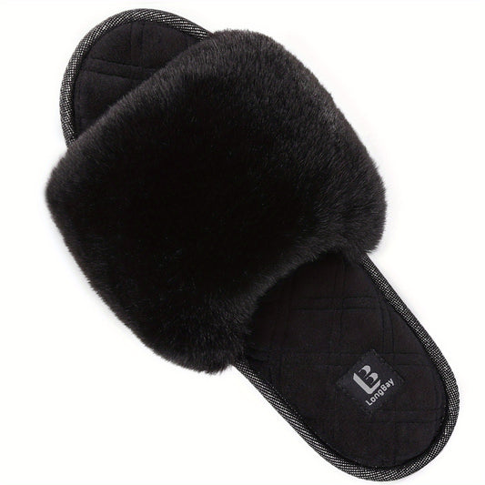 Women's Fluffy Slide Slippers Comfy Round Open Toe Slip On House Shoes