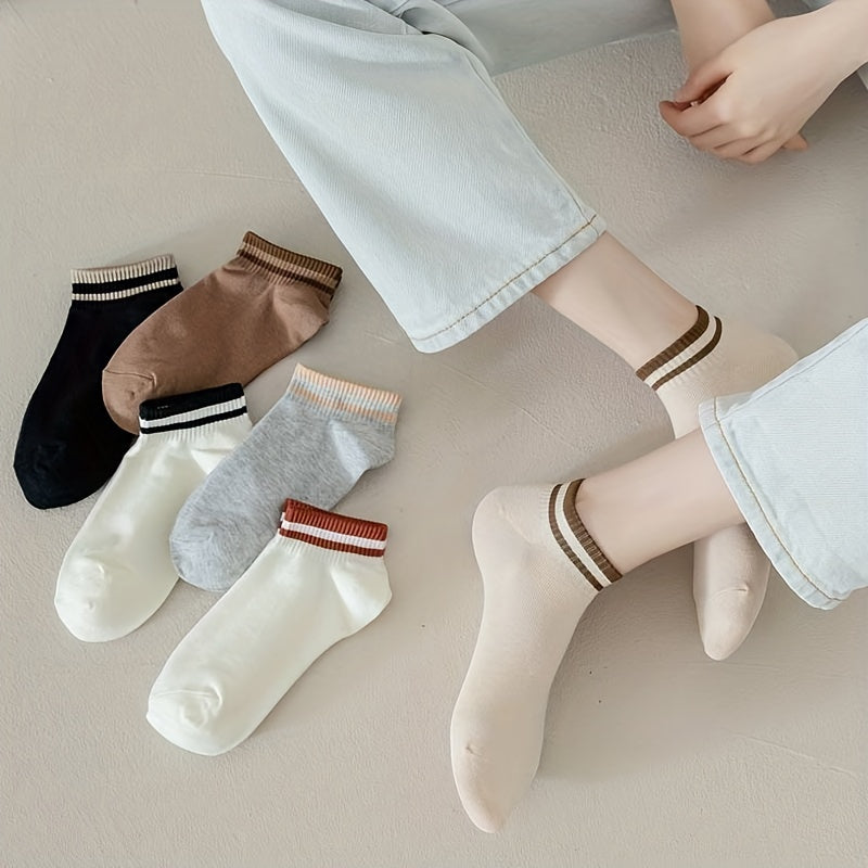 5 Pairs Striped Trim Short Sports Socks Women's Stockings