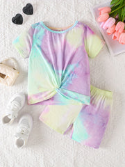 2pcs Girls Rainbow Tie Dye T Shirts & Shorts Set Kids Summer Clothes