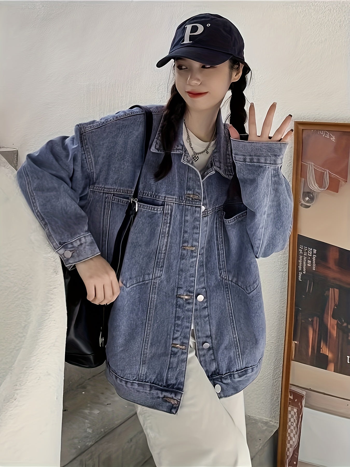 Loose Fit Denim Jackets Patch Pockets Long Sleeves Lapel Versatile Denim Coats