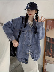 Loose Fit Denim Jackets Patch Pockets Long Sleeves Lapel Versatile Denim Coats