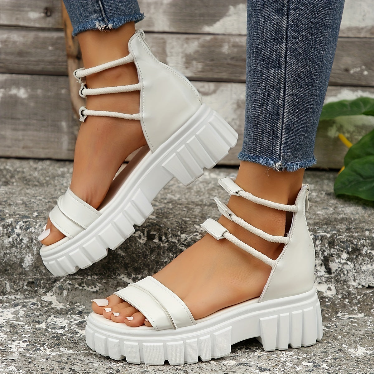 Women's Double Band Platform Sandals Roman Style Zipper Back