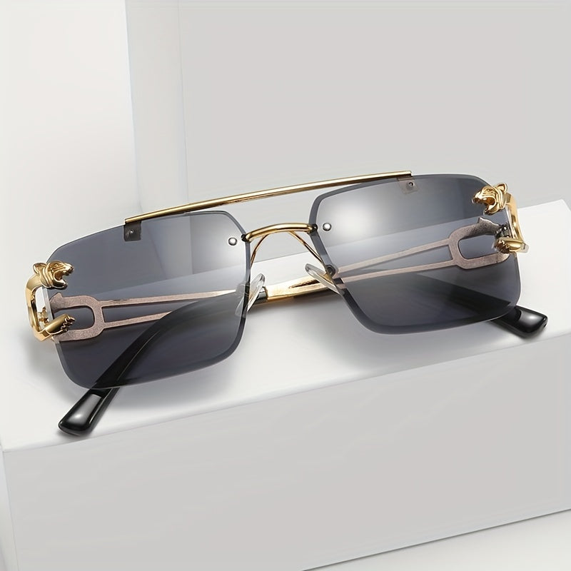 Men's Rimless Leopard Decor Sunglasses UV Protection