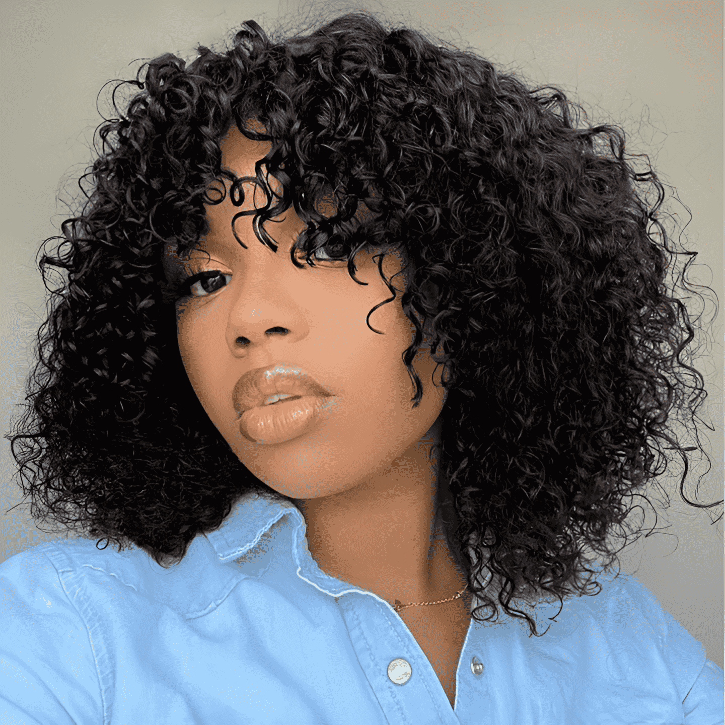 Long Lasting Kinky Curly Human Hair Wig with Bangs for Women