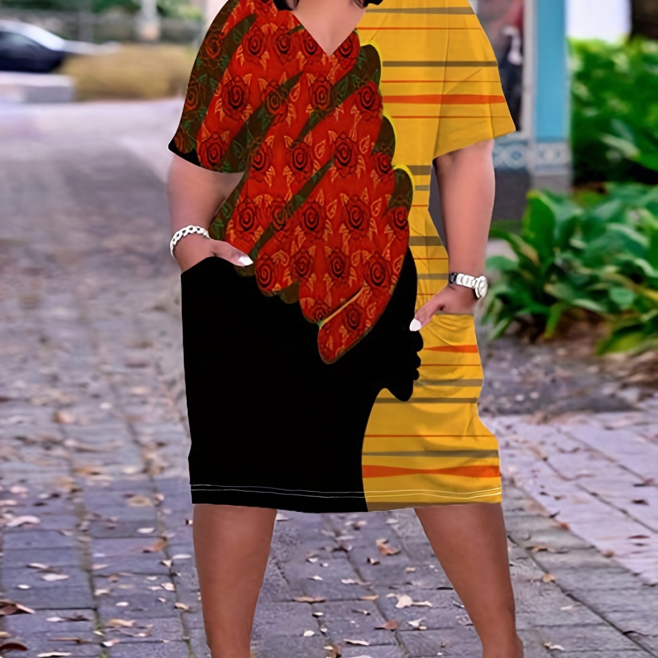 Colorblock Stripe & Floral Print V Neck Tee Dress