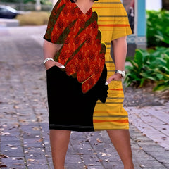 Colorblock Stripe & Floral Print V Neck Tee Dress
