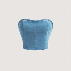 Slim Fit Denim Tube Top Off The Shoulder Zip Back Denim Bandeau