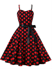 Retro Polka Dot Swing Dress Sleeveless Lace Up A-line