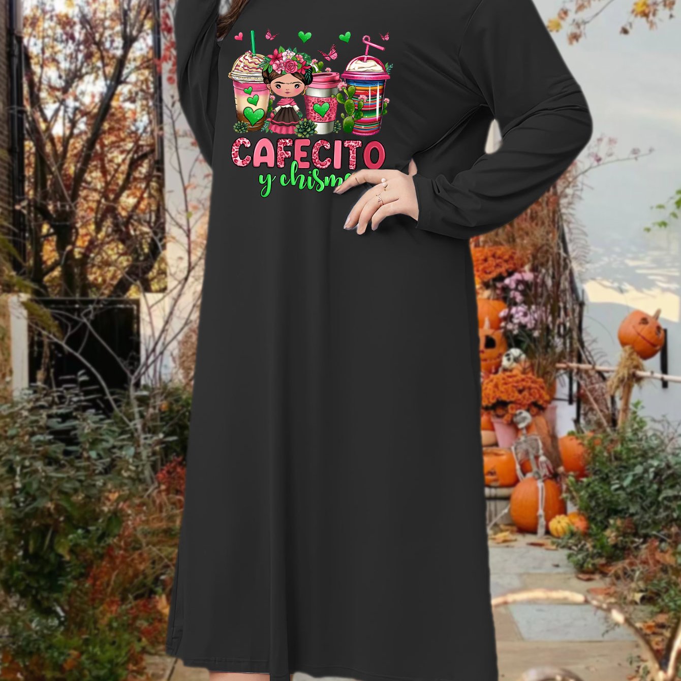 Christmas Lounge Dress Women's Plus Drinks & Cartoon Figure Print Long