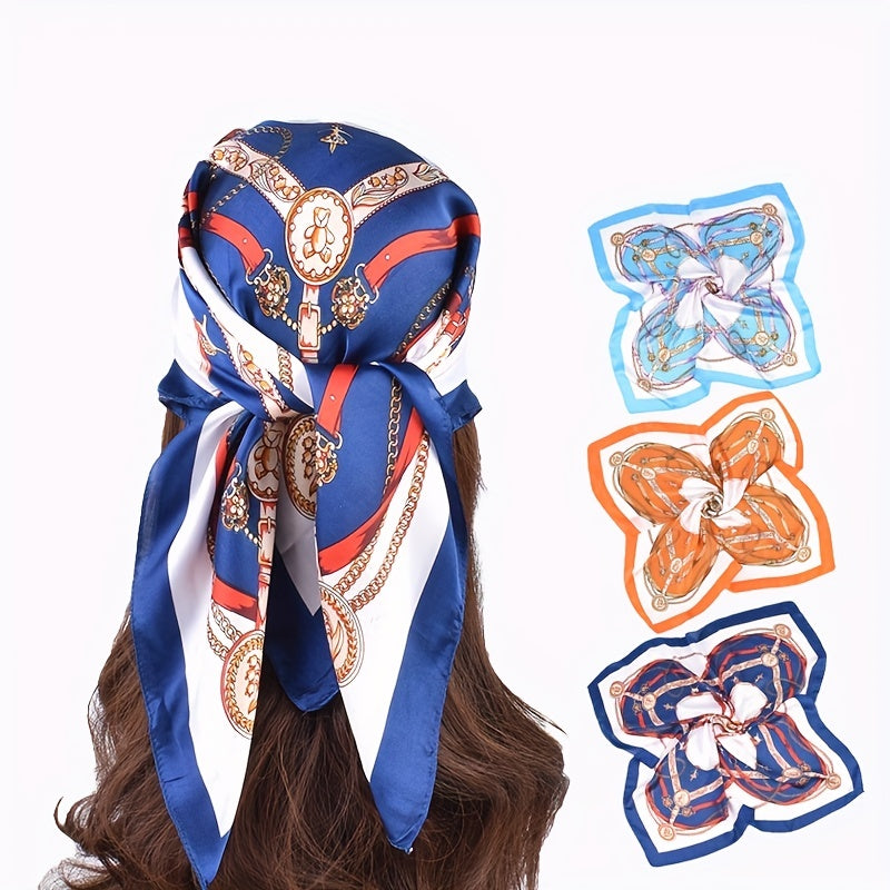 70 Chain Print Square Scarf Vintage Silk Bandana Windproof Head Wrap