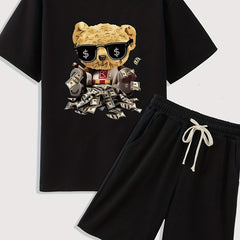 Boys Cartoon Cash Bear Pattern 2pcs T shirt & Drawstring Shorts Set