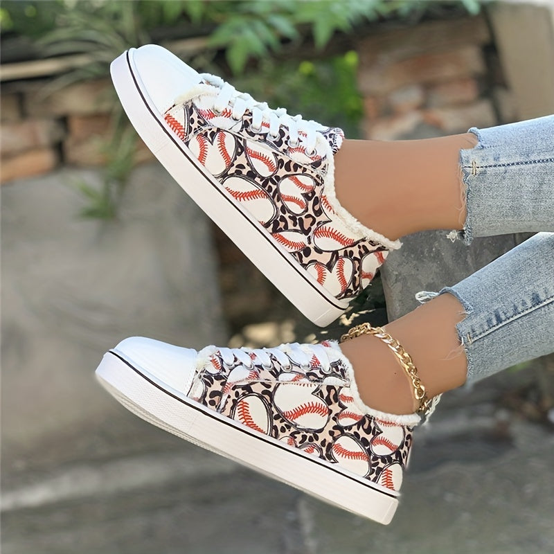 Women's Heart Baseball Print Lace-Up Sneakers