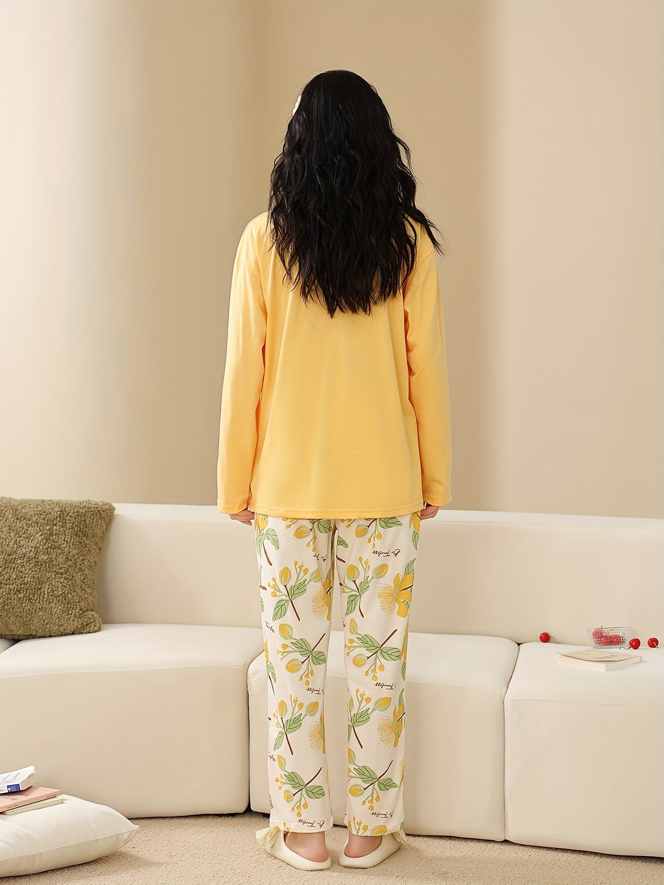 Floral Print Pajama Set Long Sleeve Crew Neck Top & Elastic Waistband Pants