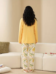 Floral Print Pajama Set Long Sleeve Crew Neck Top & Elastic Waistband Pants