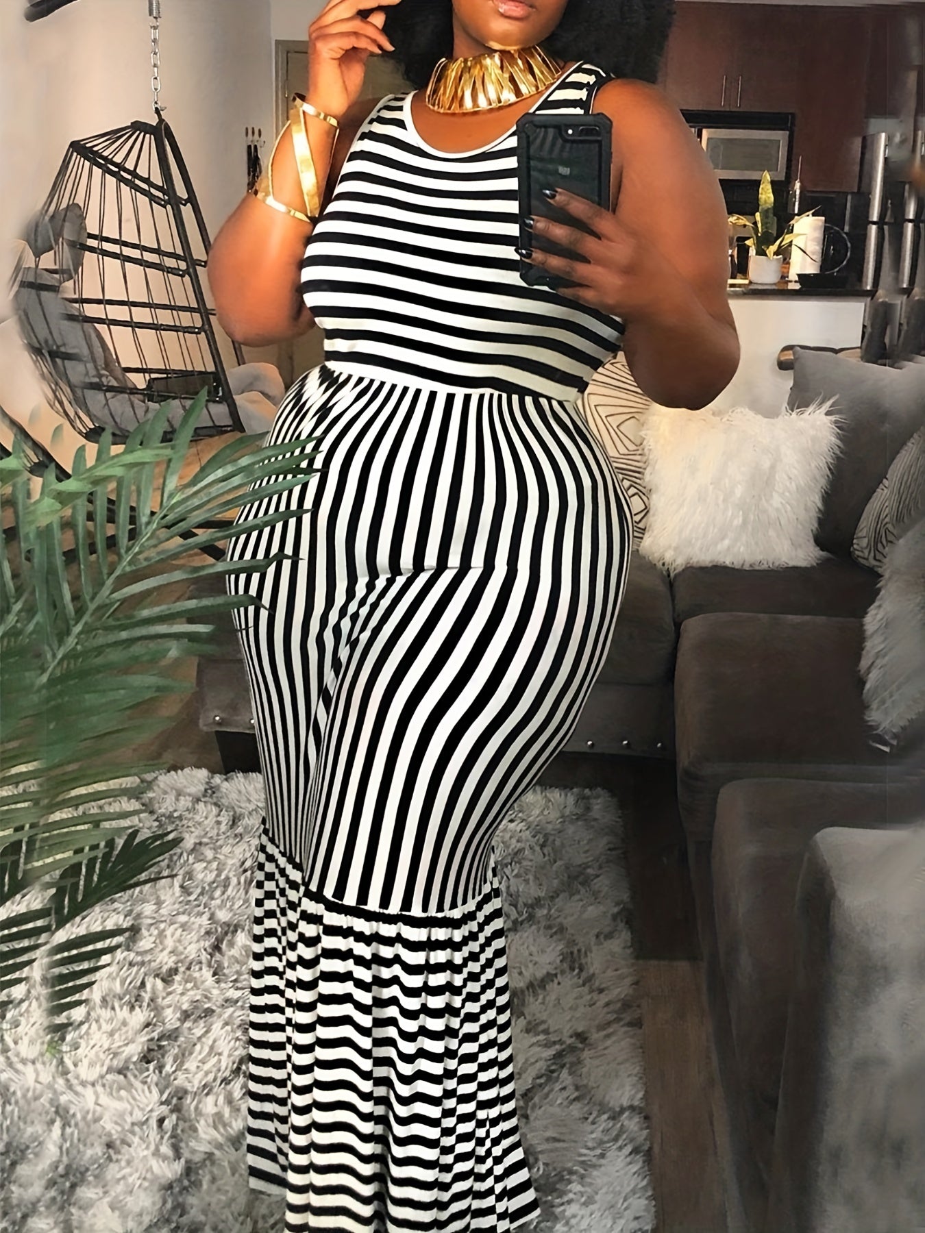 Casual Tank Dress Women's Plus Stripe Print Round Neck Maxi Dress