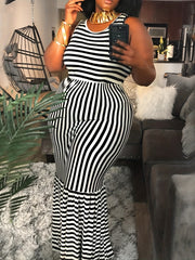 Casual Tank Dress Women's Plus Stripe Print Round Neck Maxi Dress