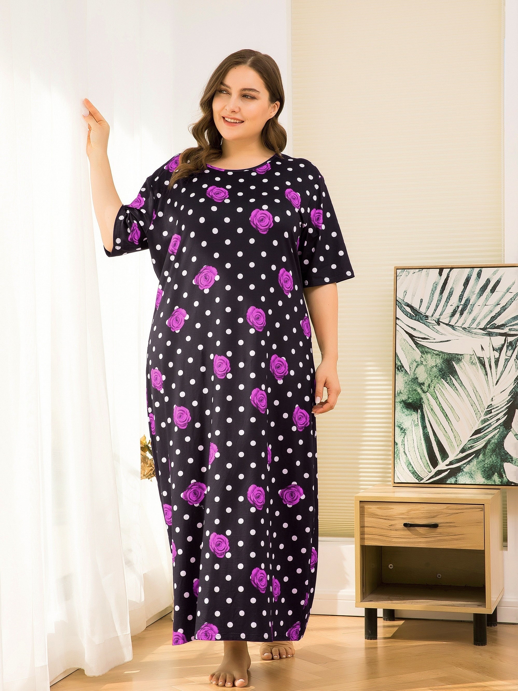 Nightdress: Rose & Dot Print Round Neck Sleep Dress