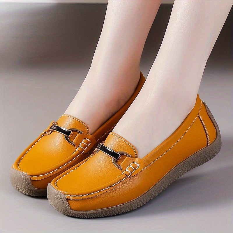 Women's Metal Decor Loafers Slip On Shoes Lightweight Faux Leather