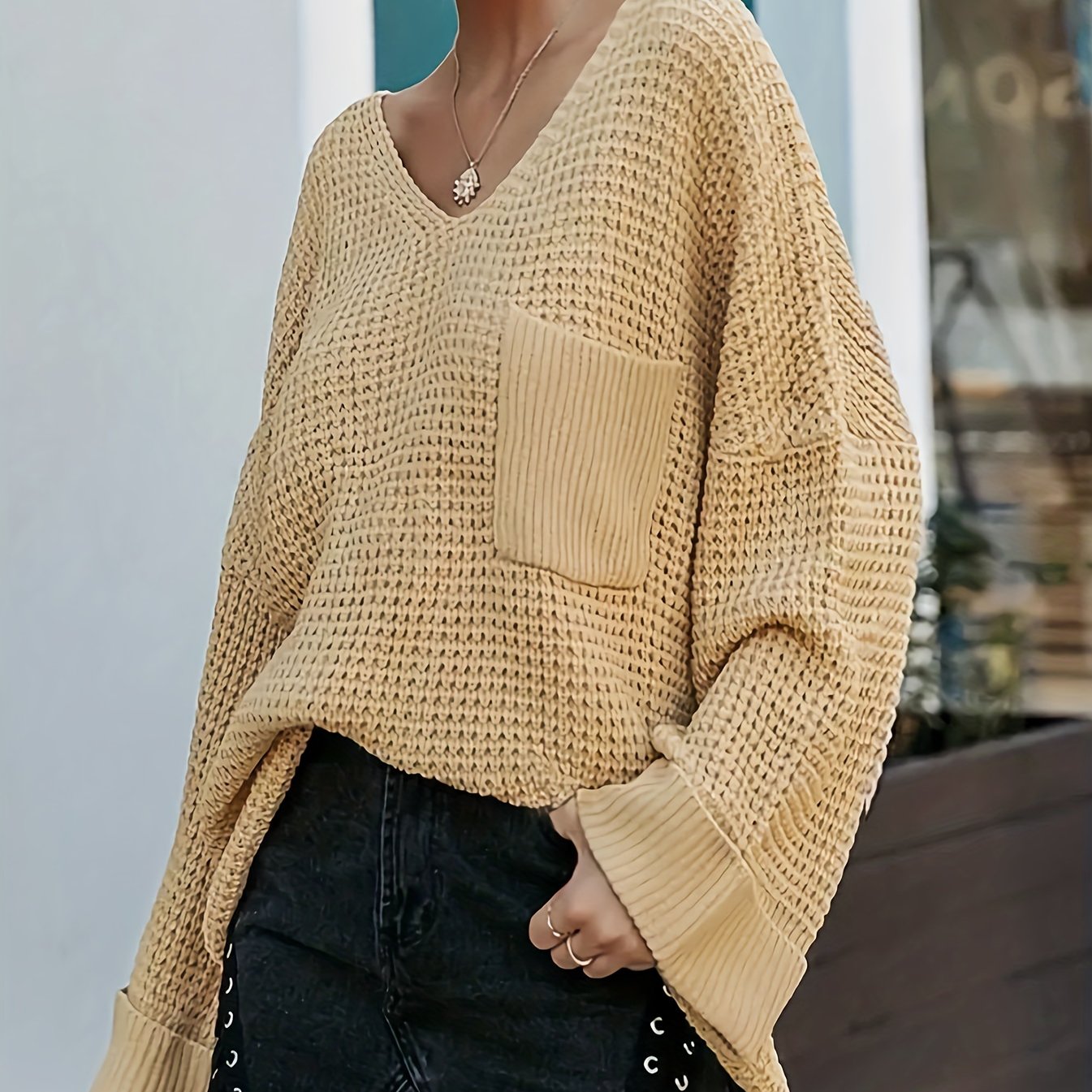 Casual V-Neck Sweater, Solid Chunky Long Sleeve, Loose Fit Jumper