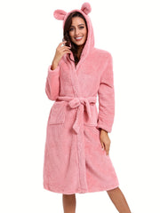 Animal Ear Hooded Fuzzy Lounge Robe Women's Loungewear