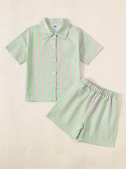 Boys Stripe Button Down Shirt&Shorts Set Summer Kids Clothing