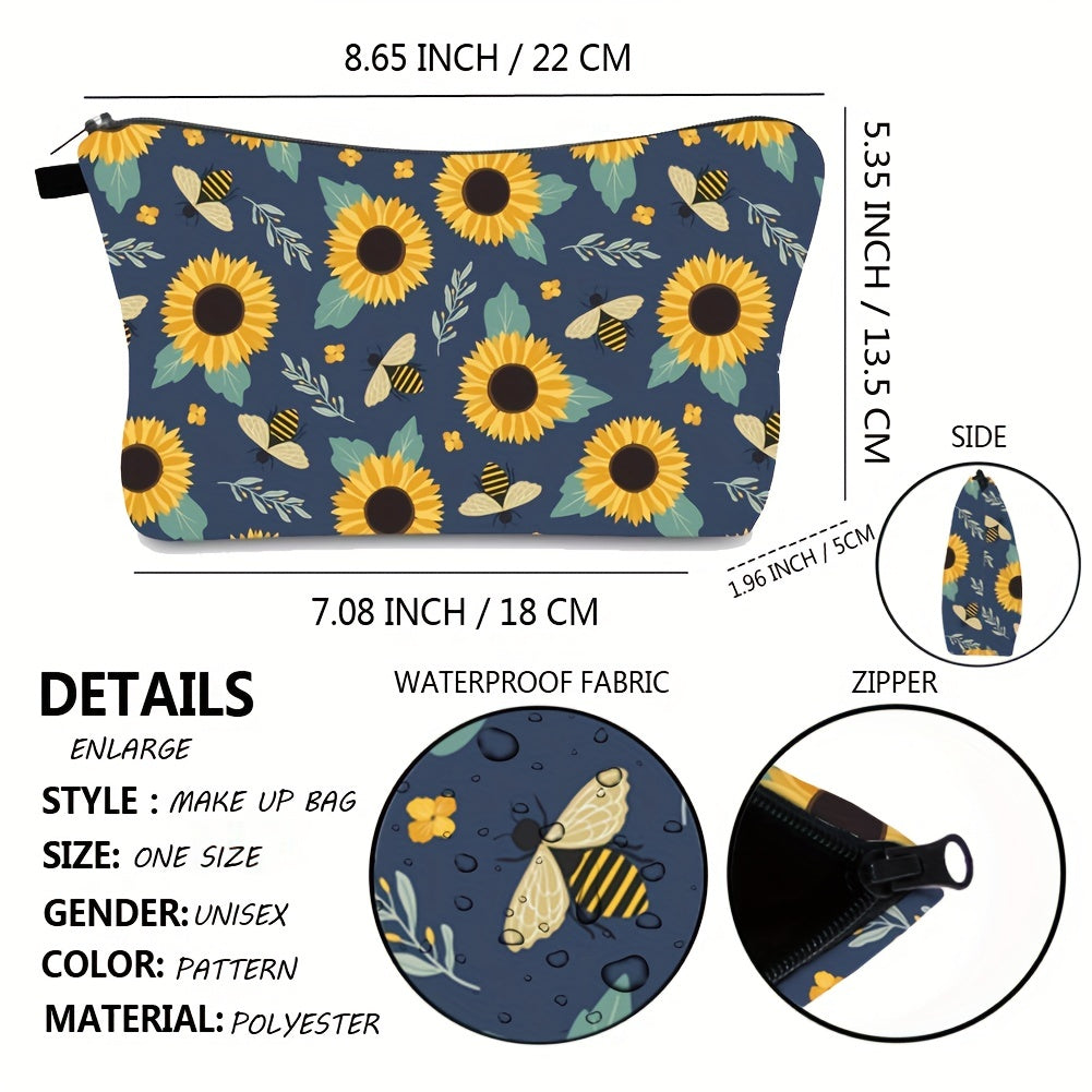 Sunflower Bee Waterproof Makeup Bag Toiletry Pouch Women Travel Accessory