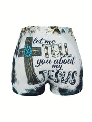 Letter & Cross Print Skinny Shorts for Women
