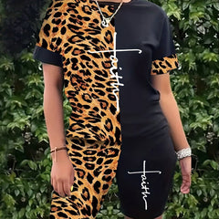 Letter & Leopard Print 2pc Set Short Sleeve T-shirt & Shorts