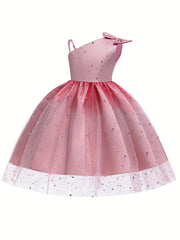 Girl's Princess Dress Sequin One Shoulder Mesh Dress