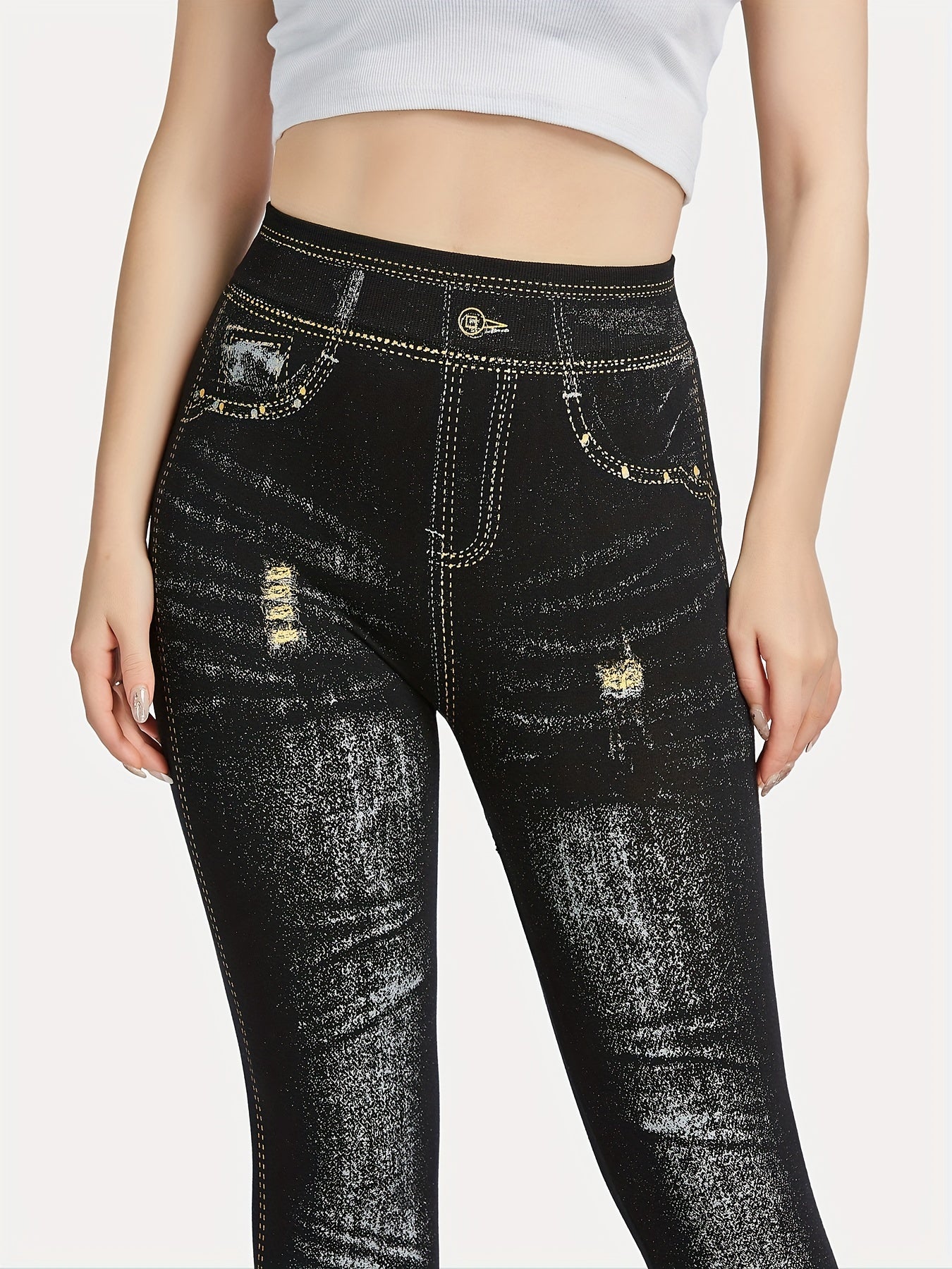 Denim Print High Waisted Leggings Casual Skinny Leggings