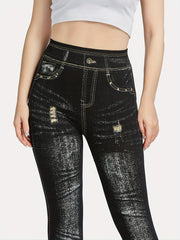 Denim Print High Waisted Leggings Casual Skinny Leggings