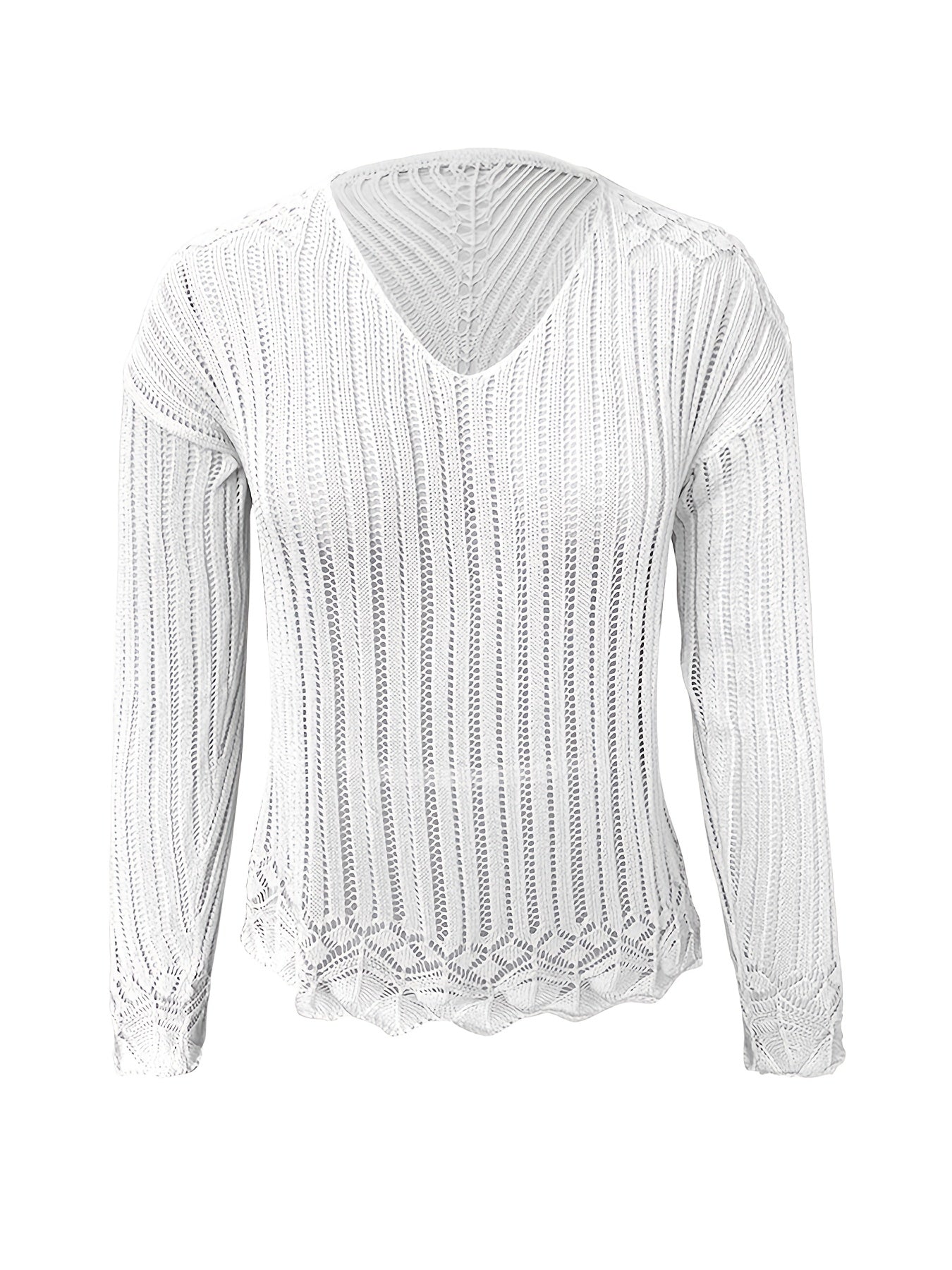 V Neck Hollow Beach Shirt Solid Long Sleeves Crochet Top Women's Swimwear