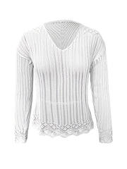 V Neck Hollow Beach Shirt Solid Long Sleeves Crochet Top Women's Swimwear