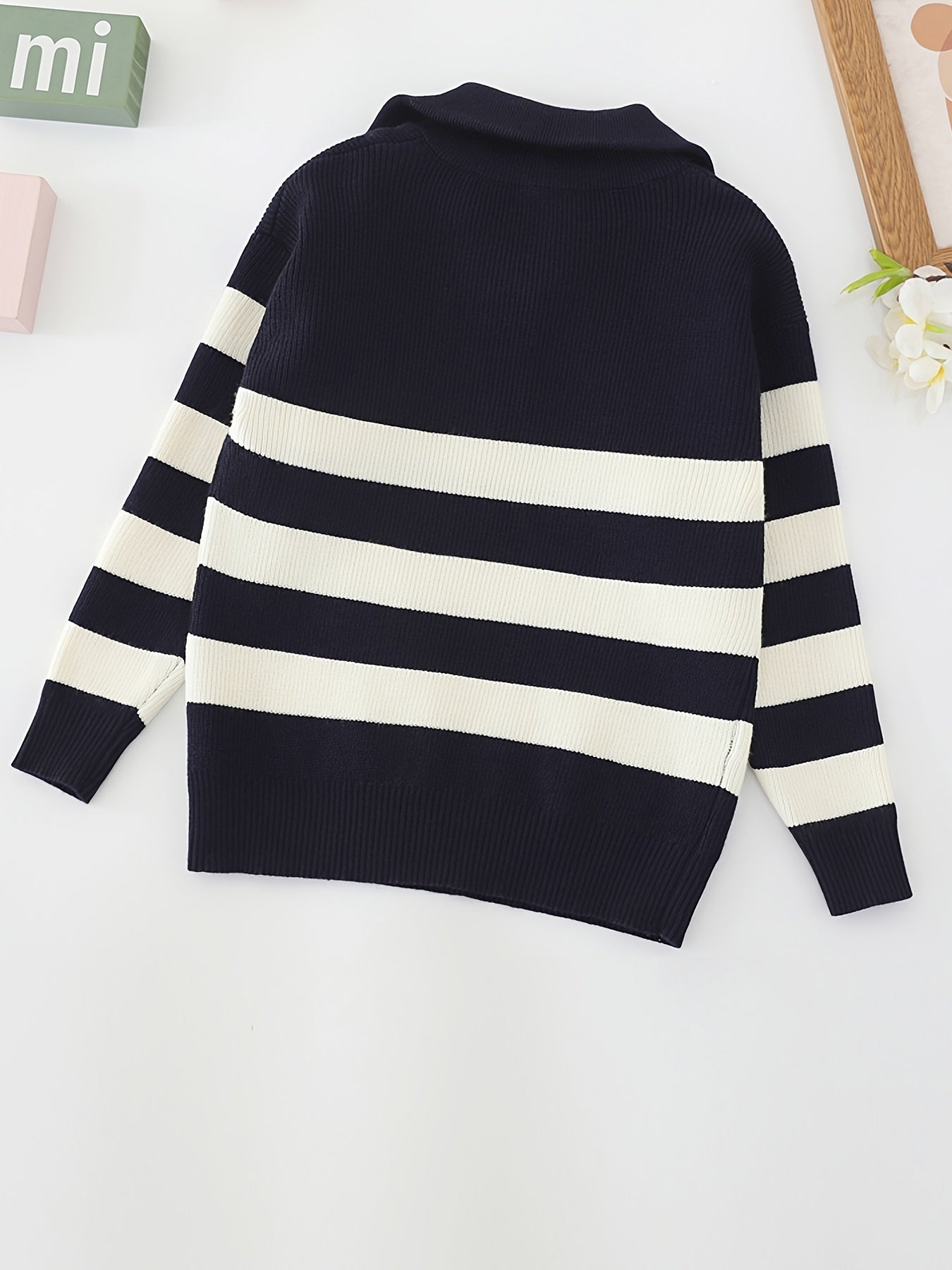 Girls' Striped Zip Collar Knitted Pullover Sweater