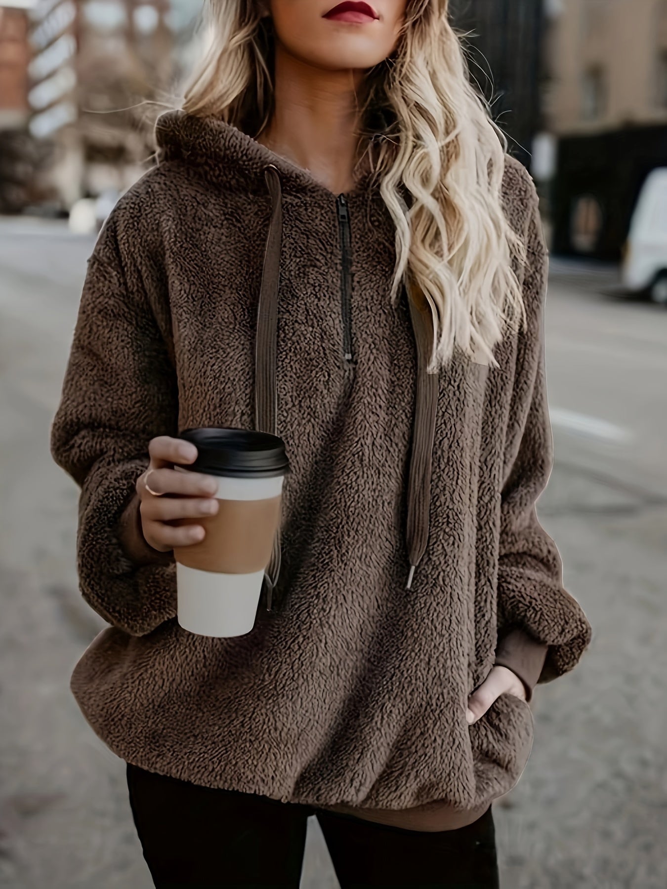 Solid Zip Pocket Fuzzy Hoodie Long Sleeve Drawstring Hoodie Sweatshirt