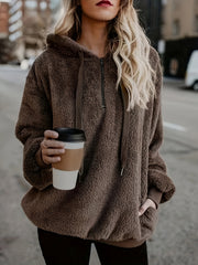 Solid Zip Pocket Fuzzy Hoodie Long Sleeve Drawstring Hoodie Sweatshirt
