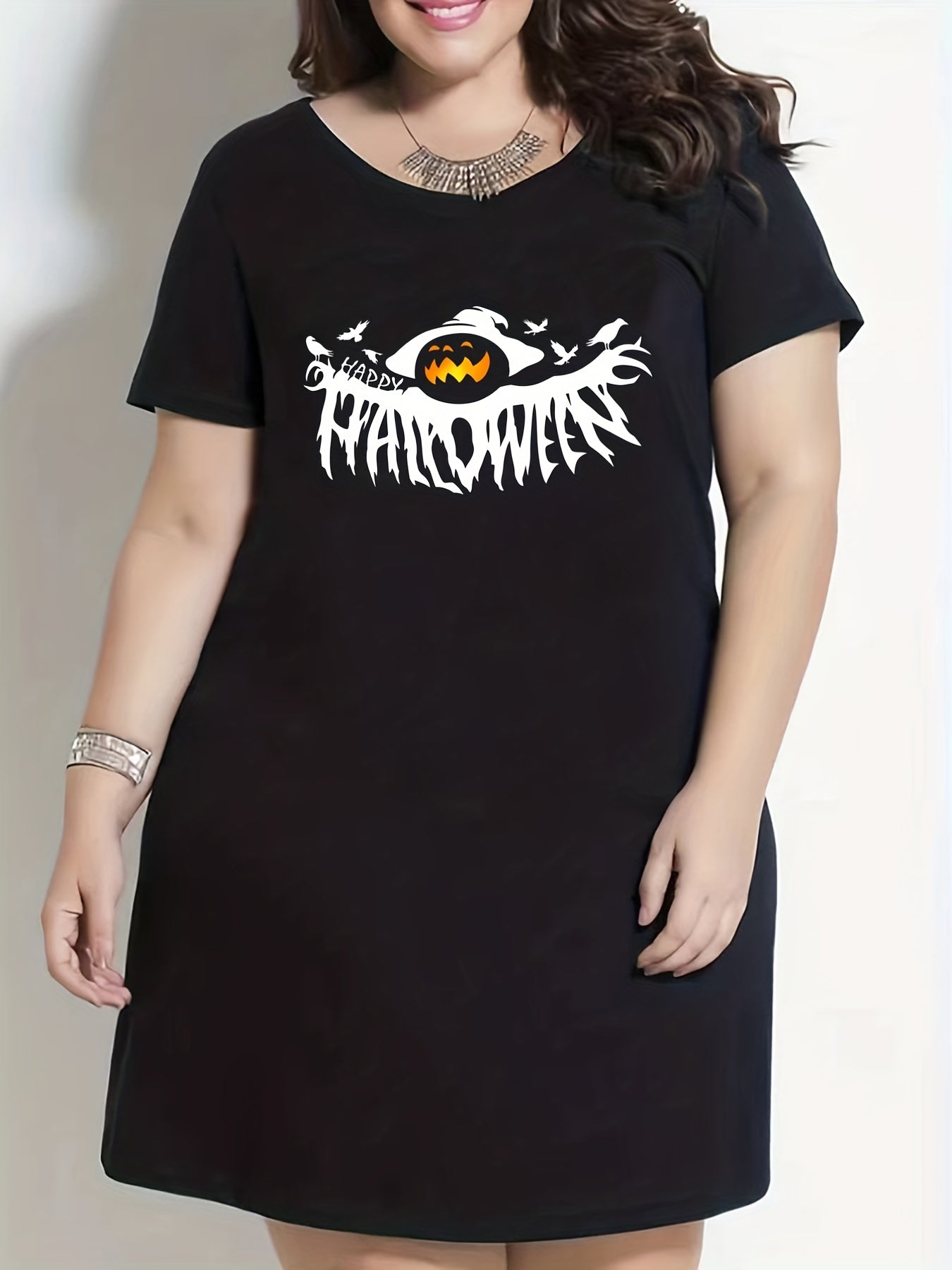 Halloween Nightdress Women's Witch Hat Pumpkin Print Tee Dress