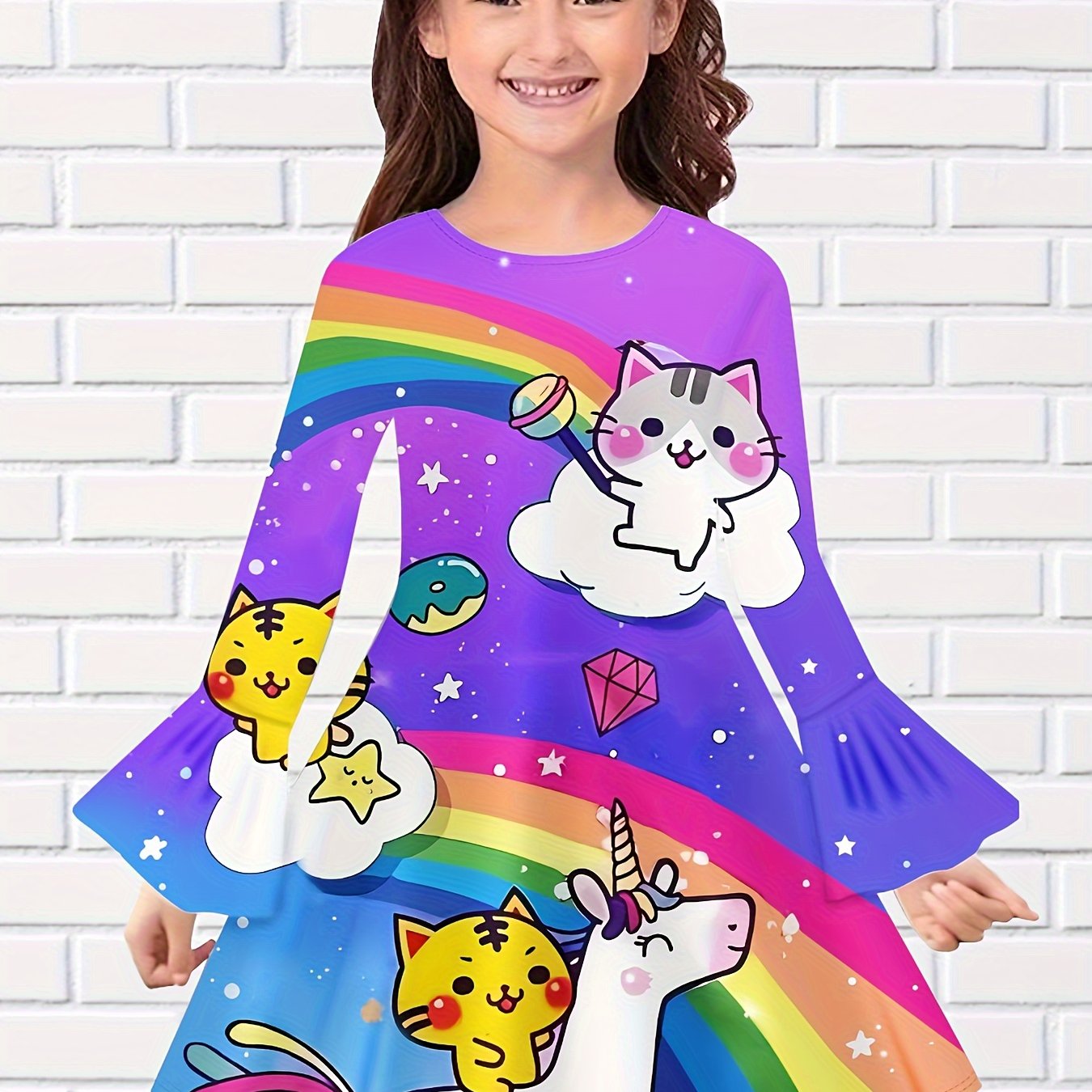 Cartoon Kitty & Rainbow Long Sleeve Dress for Girls
