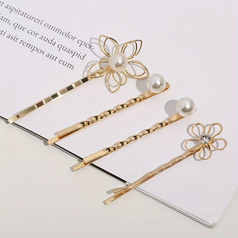 4pcs Golden Hair Clips with Flower & Pearls, Metal Hairpins for Women and Girls