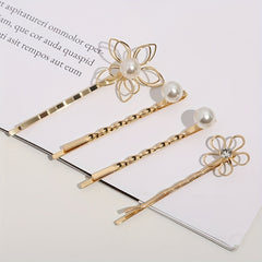 4pcs Golden Hair Clips with Flower & Pearls, Metal Hairpins for Women and Girls
