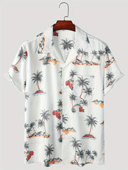 Men's Palm Tree Print Hawaiian Shirt Button Up Short Sleeve