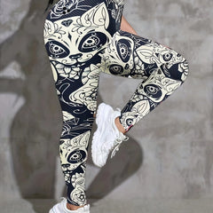 Abstract Cat & Floral Print High Stretch Yoga Leggings