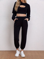 Casual 3pc Set: Cropped Long Sleeve Tops, Tank Top & Jogger Pants
