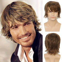 European American Men's Wig Golden Curly Hair 12 Inch