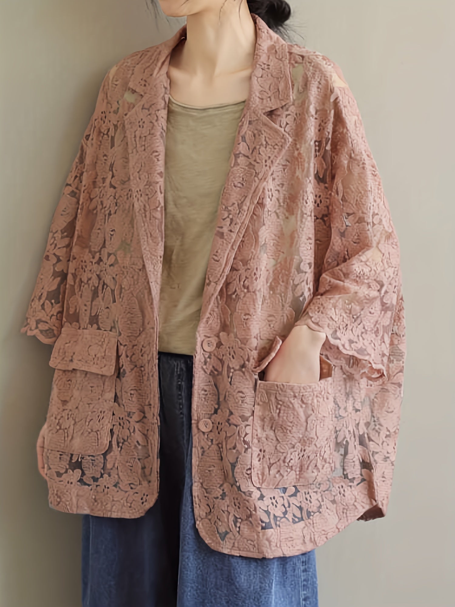 Lace Open Front Blazer Casual Lapel Blazer For Spring & Summer