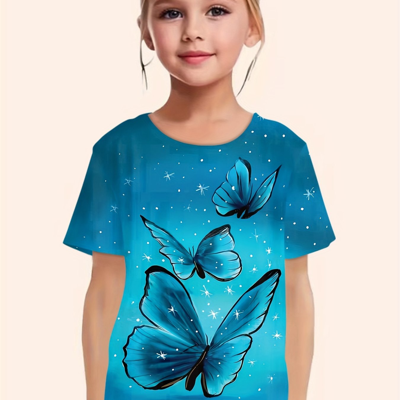 Butterfly Print Short Sleeve T shirt Girls Comfy Pullover Summer Clothes