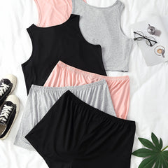 6 Pack Plus Size Basic Pajamas Set Women's Plus Solid Round Neck Plain Tank Top