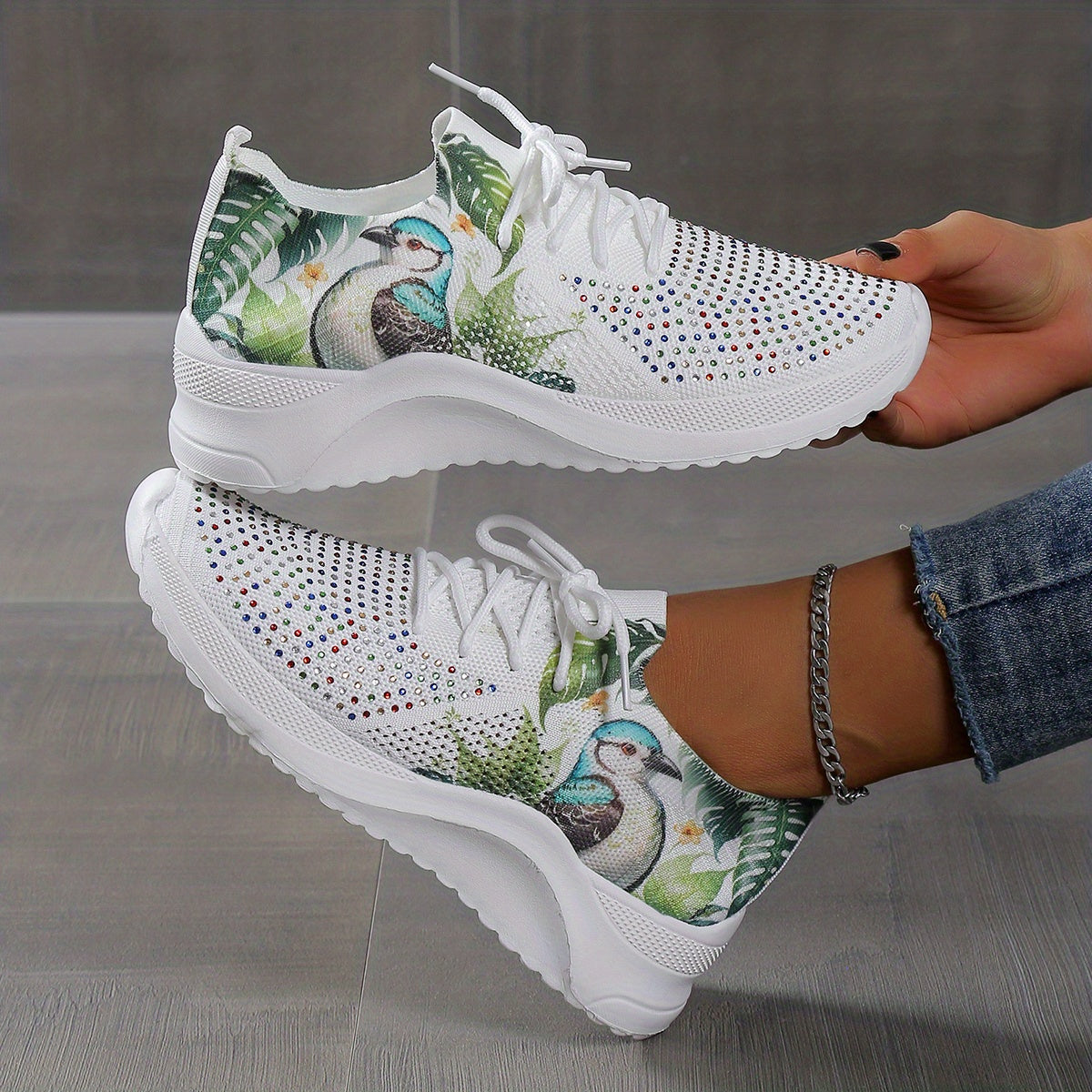 Women's Lace Up Rhinestone Sneakers Lightweight Casual Soft Sock Shoes