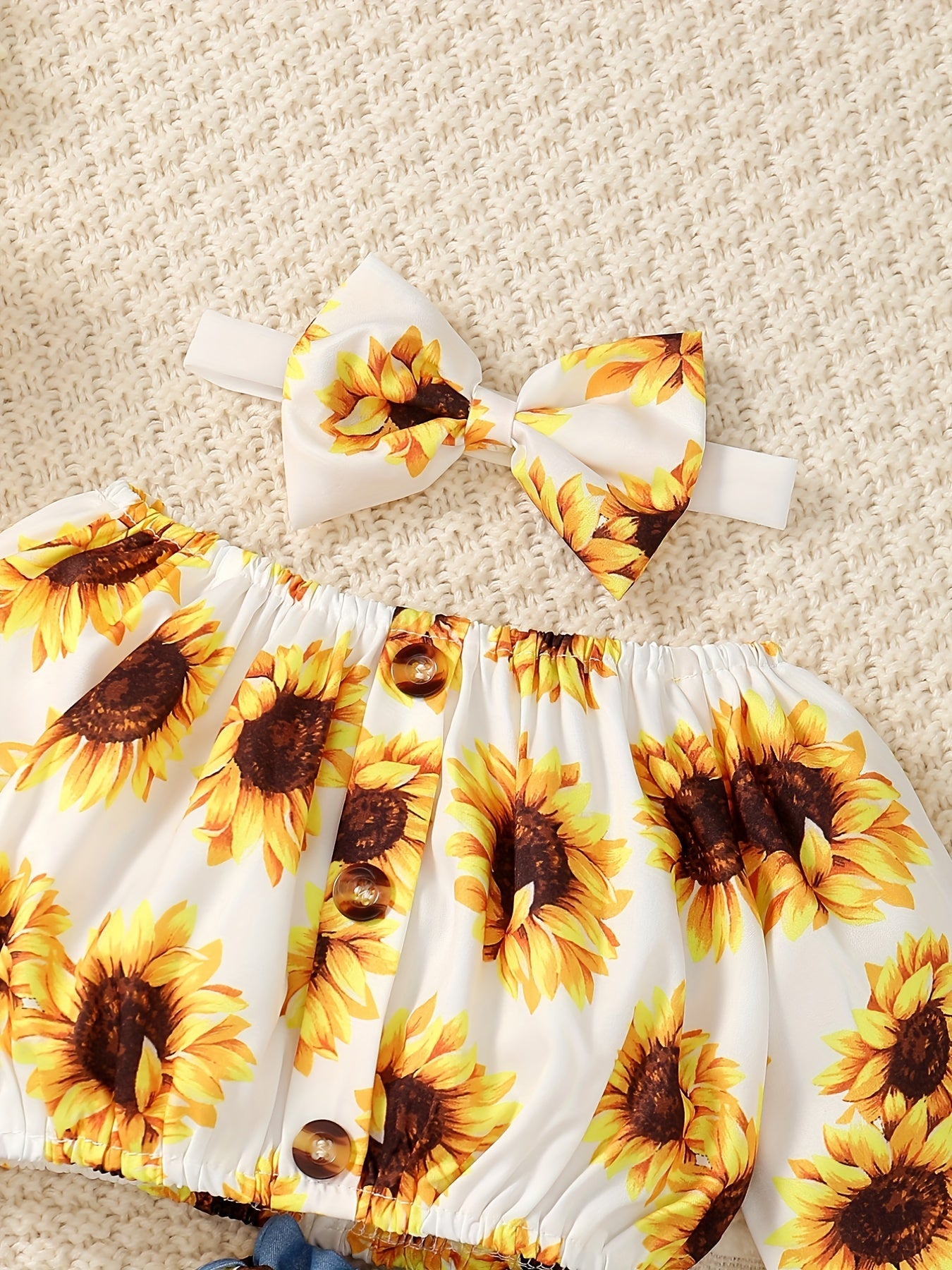 Baby Girls Sunflower Print Outfit Long Sleeve Crop Top Faux Denim Pants Set