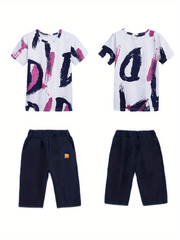 Boys Contrast Cotton Top & Casual Shorts Set Spring Summer Kids Clothes